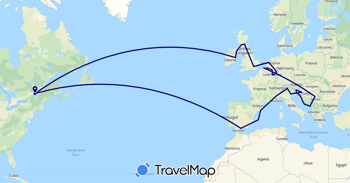 TravelMap itinerary: driving in Belgium, Canada, Germany, Spain, United Kingdom, Croatia, Ireland, Italy, Luxembourg, Montenegro, Netherlands, Serbia, Slovenia (Europe, North America)