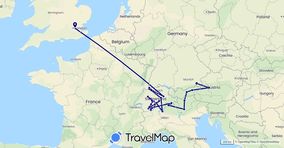 TravelMap itinerary: driving in Austria, Switzerland, Germany, United Kingdom, Italy (Europe)