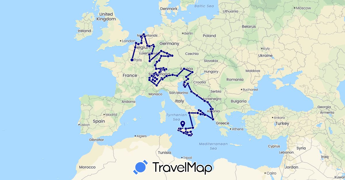 TravelMap itinerary: driving in Albania, Austria, Belgium, Switzerland, Germany, France, Greece, Croatia, Italy, Luxembourg, Montenegro, Netherlands, Slovenia (Europe)