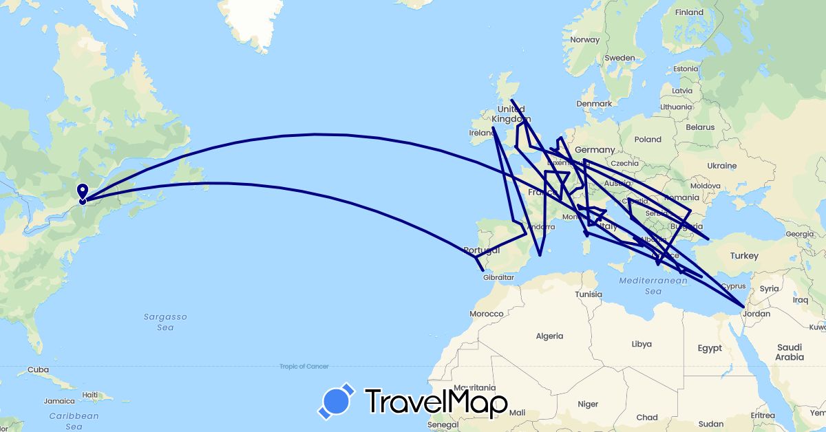 TravelMap itinerary: driving in Belgium, Canada, Switzerland, Germany, Spain, France, United Kingdom, Greece, Croatia, Ireland, Israel, Italy, Netherlands, Portugal, Romania, Turkey (Asia, Europe, North America)