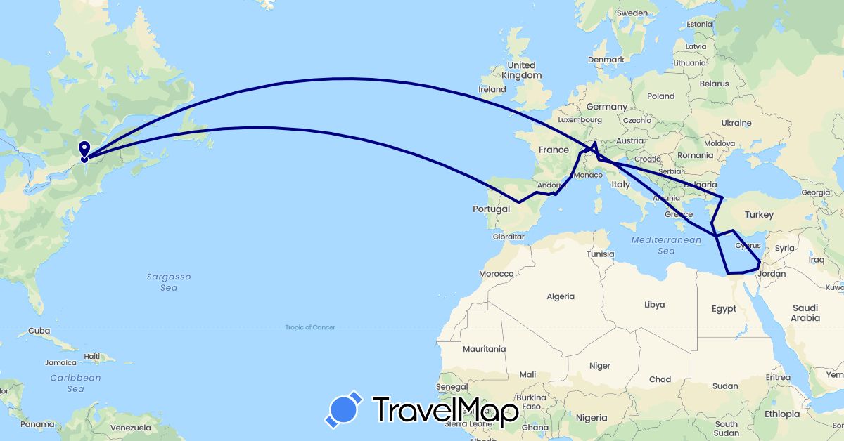 TravelMap itinerary: driving in Canada, Switzerland, Egypt, Spain, France, Greece, Israel, Italy, Turkey (Africa, Asia, Europe, North America)