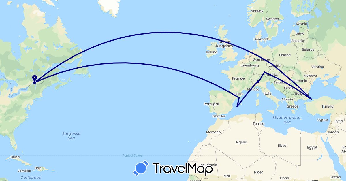 TravelMap itinerary: driving in Canada, Czech Republic, Germany, Spain, Hungary, Italy, Turkey (Asia, Europe, North America)