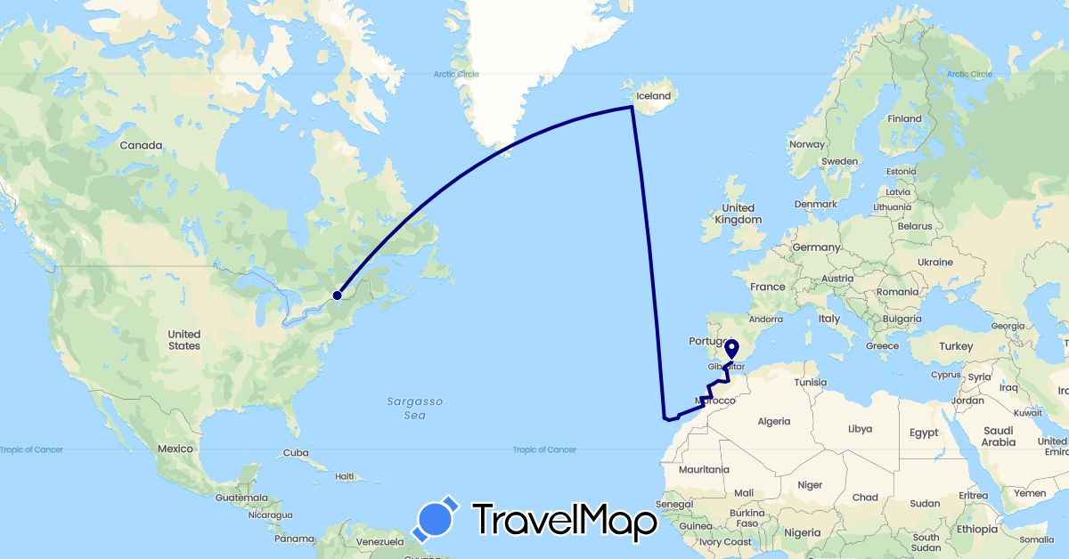 TravelMap itinerary: driving in Canada, Spain, Iceland, Morocco (Africa, Europe, North America)