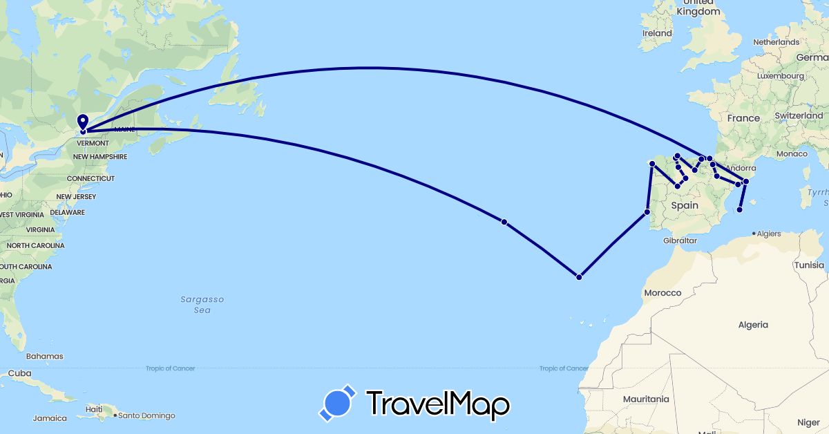 TravelMap itinerary: driving in Canada, Spain, Portugal (Europe, North America)