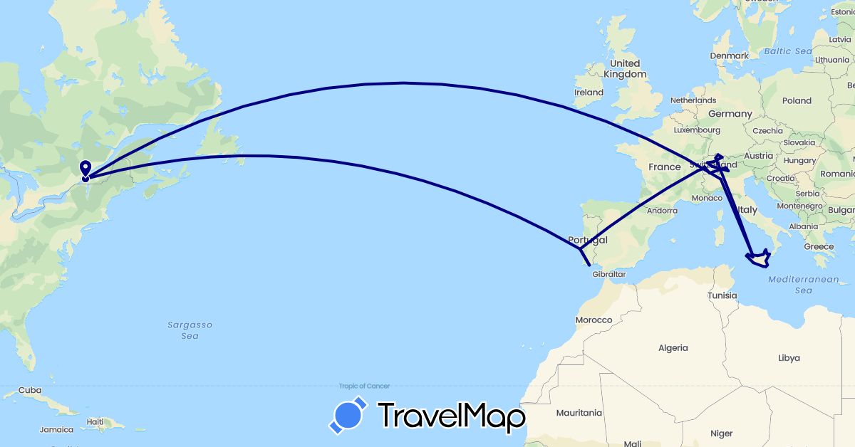TravelMap itinerary: driving in Canada, Switzerland, Italy, Portugal (Europe, North America)