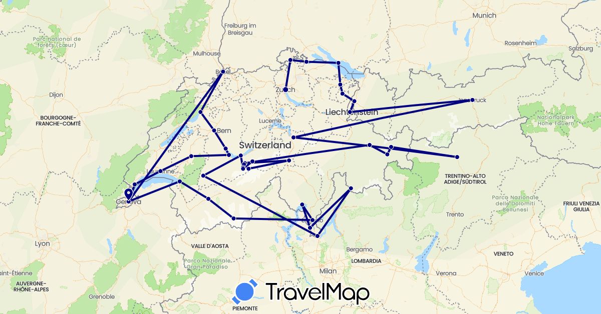 TravelMap itinerary: driving in Austria, Switzerland, Germany, Italy, Liechtenstein (Europe)