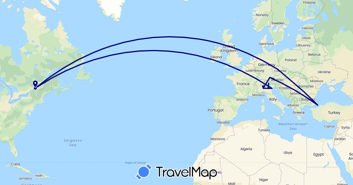 TravelMap itinerary: driving in Austria, Canada, Switzerland, Czech Republic, Germany, Hungary, Italy, Turkey (Asia, Europe, North America)